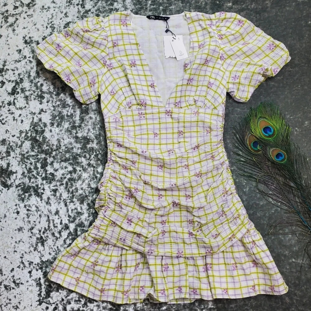 Zara‎ Checkered Draped Floral Dress